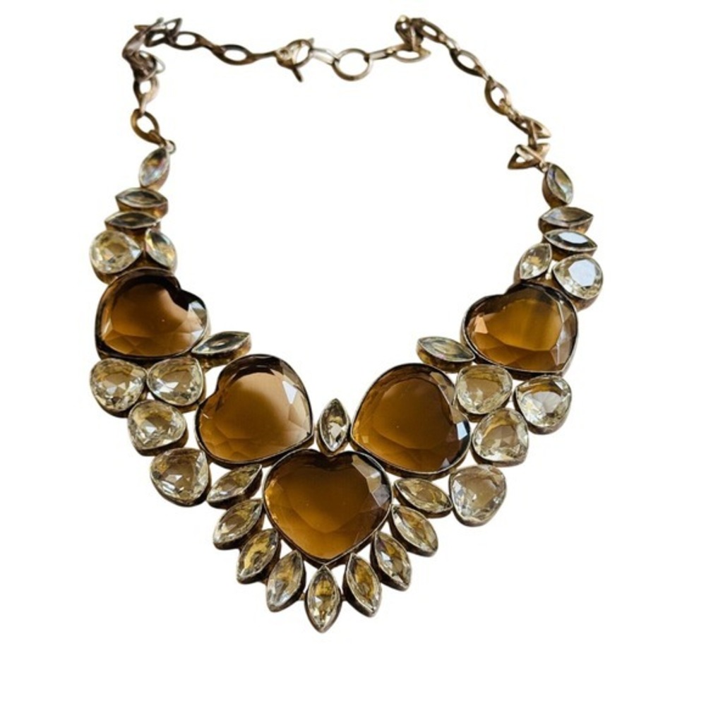 VTG Boho Chunky Heart Topaz Necklace Silver Plated Whimsy Goth Collar Statement